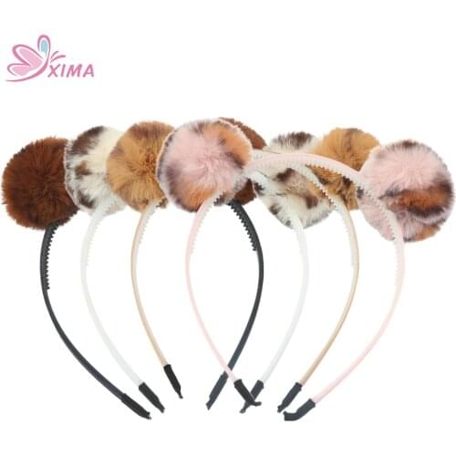 XIMA 1PC Girl Fashion Leopard Pom Pom Ball Headband Furry Ears Rabbit Fur Hairband Party Hair Accessories