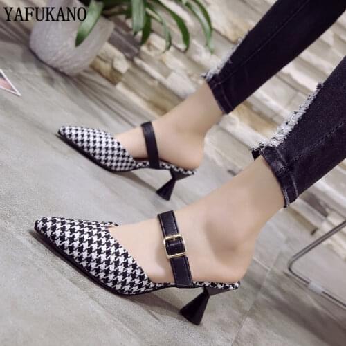 Womens Pointed Toe Slippers Women Summer Bow Plaid Sandals Fashion Wild 7cm High Heel Slippers zapatos de mujer
