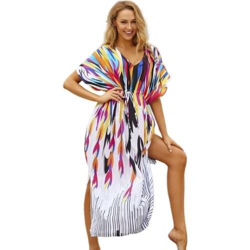 Women Boho Ethnic Rainbow Print Bathing Suit Cover Up Multicolor Stripe Beach Maxi Long Dress Sexy Deep V-Neck Side Split