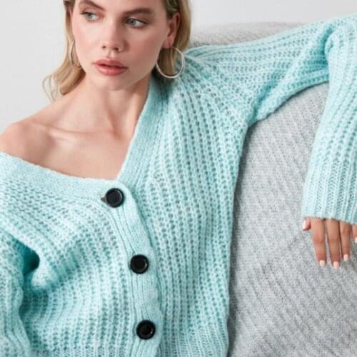 Women Pullover 2021 Mint Green Oversize Casual Puff Long Sleeve Button Knitted Detailed Sweater Coat Winter Warm