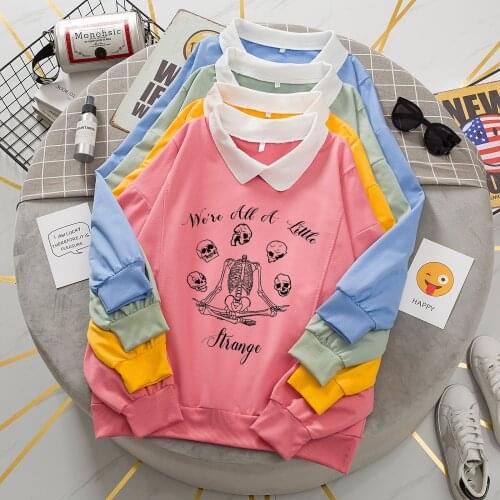 Black Skull Punk Gothic Print Sweatshirt Turn-down Collar Gothic Womens Long Sleeve Harajuku Y2K Tops Korean Style Streetwear