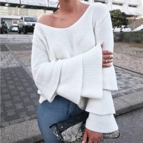 2018 spring autumn Hot Selling Multicolor Trumpet sleeves women sweater Sexy Loose Soild V-neck Knit Sweater female