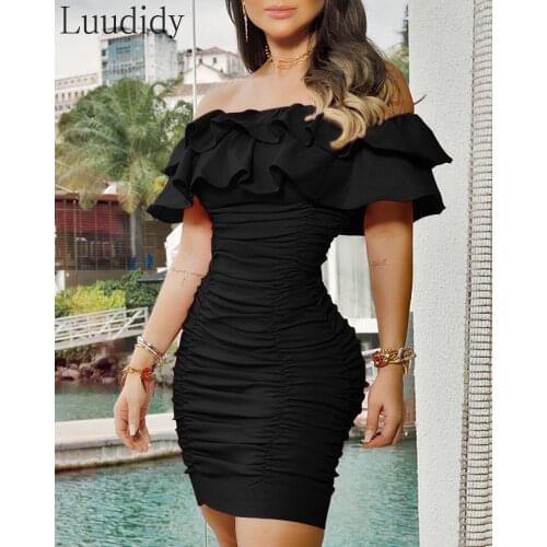 Women Black Mini Party Dress Solid Off Shoulder Ruched Layered Ruffles Bodycon Dress Vestidos
