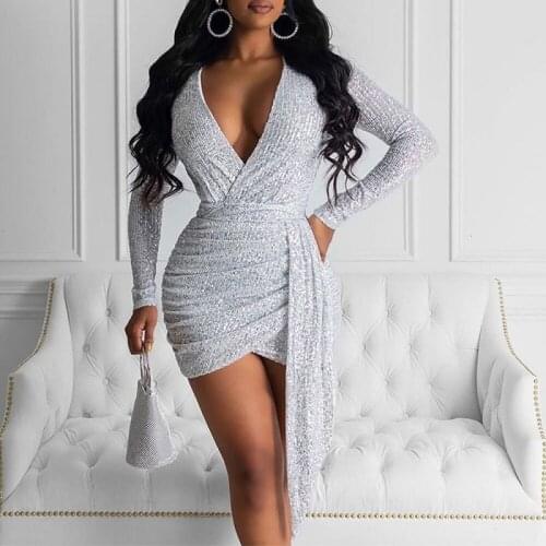 Sexy Deep V Neck Mini Summer Wrap Dress Fashion Silver Sequined Ruched Long Sleeve Club Women Bodycon Vestidos For Party 2019