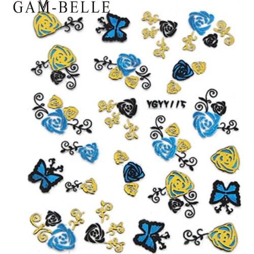 GAM-BELLE 1Sheet 3D Nail Glitter Sticker Gold Blue Flower Butterfly Design Nail Art Decoration DIY Metallic Decal Decor Manicure