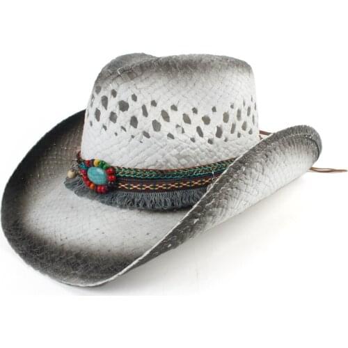2019 Women Men Straw Hollow Western Cowboy Hat Lady Dad Handmade Bohemia Sombrero Hombre Cowgirl Jazz Sun Caps Size 56-58CM
