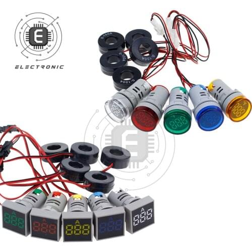 22MM 0-100A Digital Ammeter Current Meter Gauge Tester Light Indicator Led Lamp Round Square Signal Light AC Amp Monitor