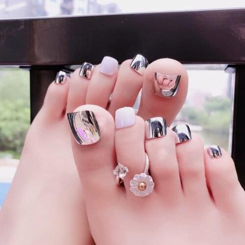 New 24 Pcs Summer Beauty Toe Nails Silver For Foot Nail High Quality With Rhinestone Foot False Nail Artificial Nails With Glue