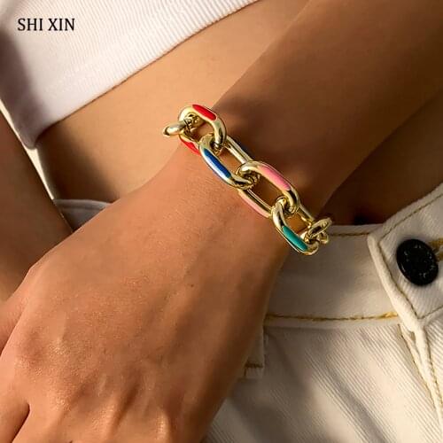 SHIXIN Boho Colorful Paint Thick Chain Bracelet for Women Chunky Cuban Link Chains on Hand 2021 Bracelets Female Fashion Jewelry