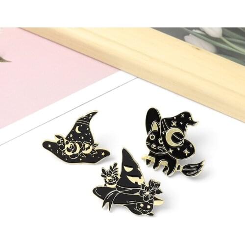 Cartoon Black Magic Cat Magic Hat Enamel Pin Animal Brooch Denim Jeans shirts bags Celebrated fashion Jewelry Gift for Friends