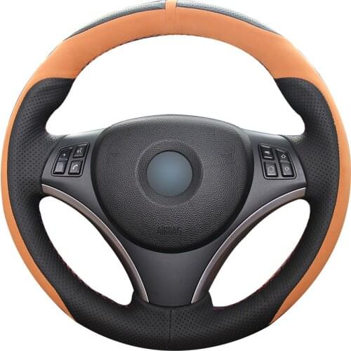 Black Natural Leather Apricot Suede Apricot Marker Car Steering Wheel Cover for BMW E90 320i 325i 330i 335i E87 120i 130i 120d