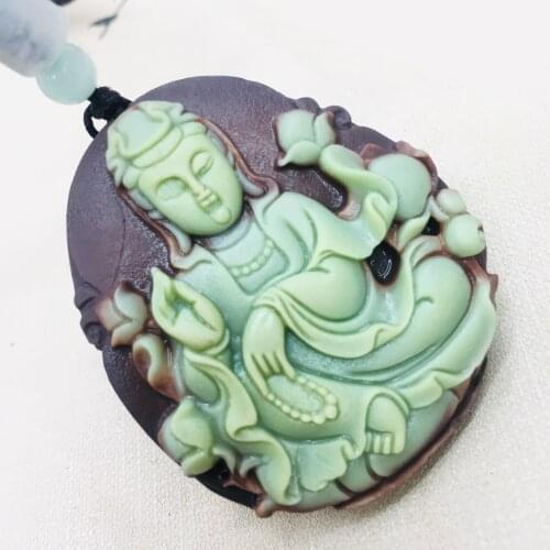 Pure natural purple jade Hand-carved two-color lotus Guanyin pendant with simple necklace Men and women sweater chain