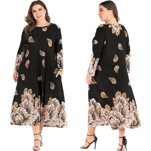Dubai Muslim Women Printed Long Dress Plus Size Loose Vintage Long Sleeve Robe Ramadan Islamic Clothing Middle East Turkish Gown