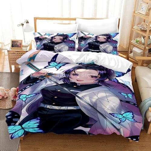 Kawaii Bedding Set Kochou Shinobu Comforter Duvet Cover Sets Bed Linen Twin Queen King Single Size Home Anime Kids Demon Slayer