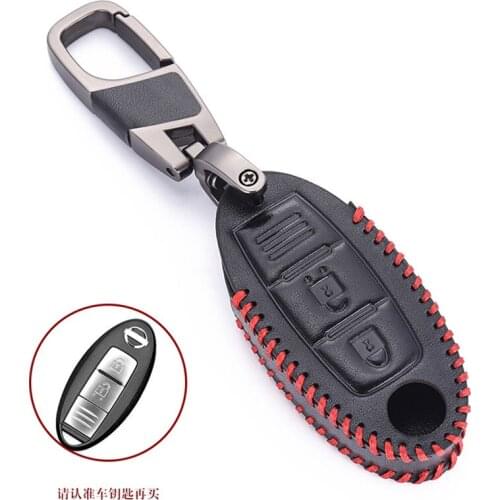 Leather Car Key Case For Nissan Micra K14 Micra K13 Juke F15 Note E12 Leaf Cube 2 Button Keychain Bag Remote Fob Cover Accessory
