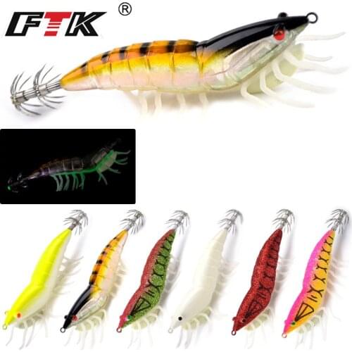 FTK Squid Hook 1PC 3.0g/3.5g 6 Colors Fishing Lures Squid Jig Bait noctilucent Shrimp Lure 3D eyes For Fishing Tackle
