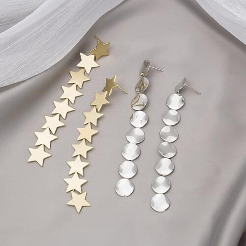 Fashion Round Star Pendant Long Tassel Earrings For Women Girls Simple Style Geometric Shaped Stud Ear Jewelry Party Gifts