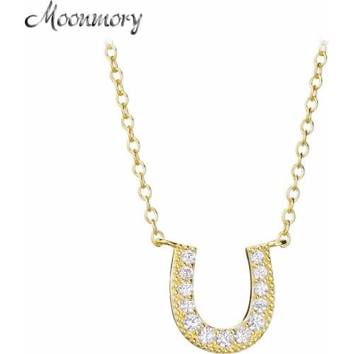 Moonmory 100% Real 925 Sterling Silver Fashion Gold U Horseshoes Pendant CZ Crystal Wedding Japanese Pendant Necklace Jewelry