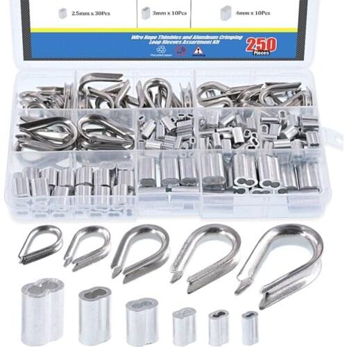 250Pcs 304 Stainless Steel Wire Rope Cable Thimbles and Aluminum Crimping Loop Sleeve Assortment Kit for Wire Rope Rigging