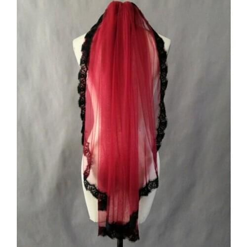 One Tier Red and Black Bridal Short Veils Lace Tulle Fingertip Wedding Veil Luxury 90CM