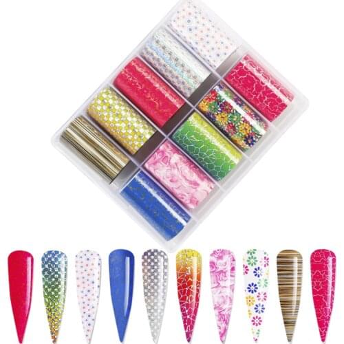 10pc Colorful Floral Nail Foil Transfer Stickers Polish Stickers for Manicure DIY Decor Oil Painting/Grid Nails Wraps Foil J3Jo9