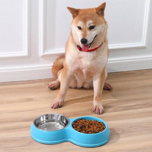 Pet Slow Food Anti-bowl Double Bowl Environmental Protection Wheat Straw Stainless Steel