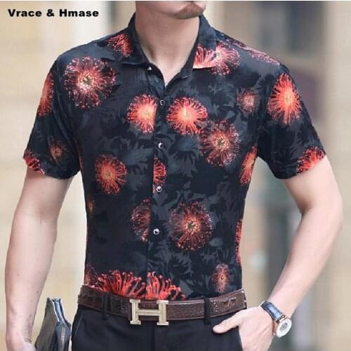 High quality soft and comfortable ice silk hollow breathable short sleeve shirt New arrival 2018 printing smart casual shirt men