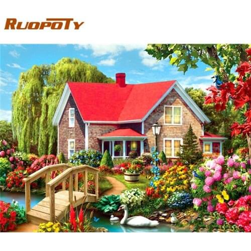 RUOPOTY Beautiful House Flower Landscape Painting By Numbers Kits For Adults Oil Paints Framed Home Decors Wall Artcraft Diy Gif