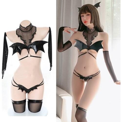 Sexy Lingerie Demon Cosplay Costumes Japanese Kawaii Patent Leather Little Devil Bundled Split Bra and Panty Set Bat Swimsuit