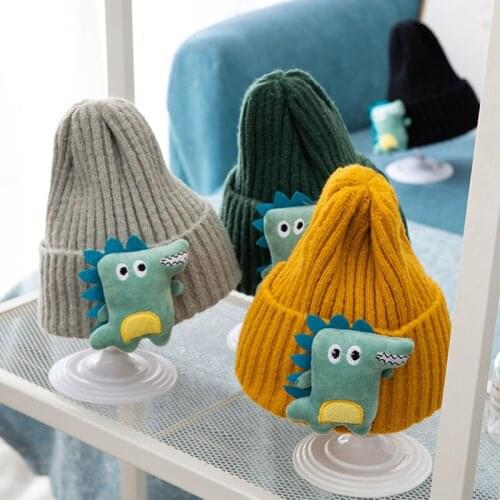 Autumn Winter Knitting Warm Baby Hat Cartoon Plush Dinosaur Child Boys Girls Beanie Solid Color Toddler Kids Cap Christmas Gifts
