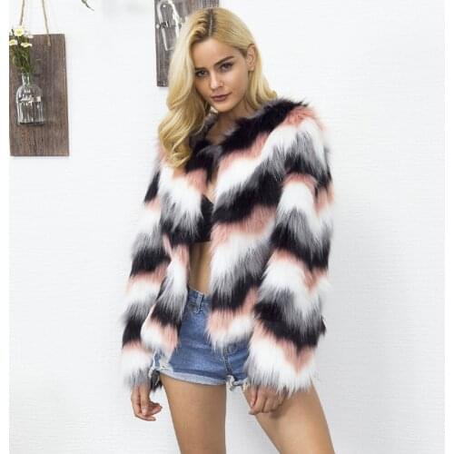 Savabien Women Winter Warm Striped Vintage Faux Fur Coat Long Sleeve Fluffy Fake Fur Jacket Korean Coat Streetwear Female Coats
