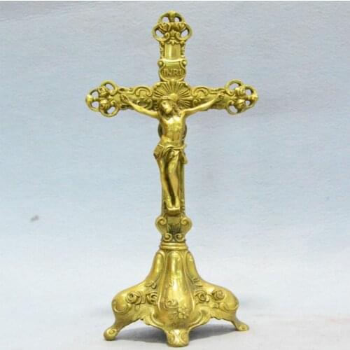 Pure Copper Jesus Cross Sculpture Catholic Holy Thing Christ Jesu Lamb of God Household Ornament Rood Statue Crucifix figurine