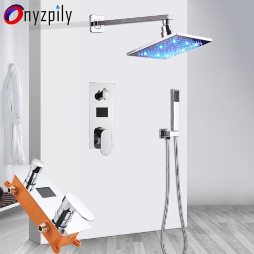 LED Rainfall Shower Faucet Set Chrome Black Wall Mounted Temperature Digital Display Mixer Tap 3-way Handshower Bath Shower