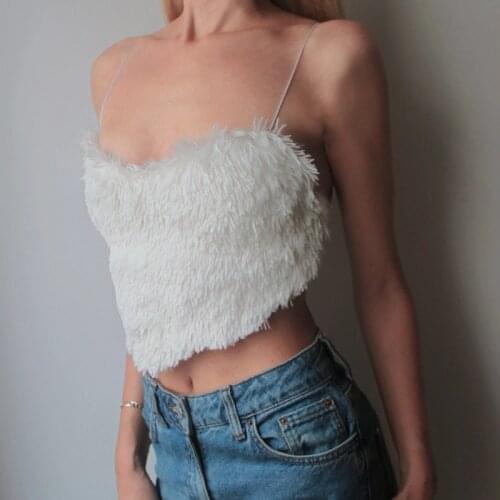 Fluffy Tank Top Women Sexy Backless Tie up Spaghetti Straps V Neck Crop Top Lady Casual Bustier Fashion Club Party Wear