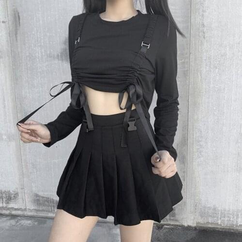 Uclio Black T-Shirts Women Harajuku Gothic Long Sleeve Bow Bandage Tops Autumn Fashion Loose Crop Top Punk Tees