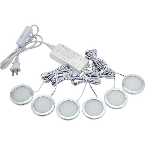6Pcs Ultra Thin Dimmable LED Under Cabinet Light Puck Light Kit With 12V 18W Switch Power Adapter for Home Kitchen Counter Light