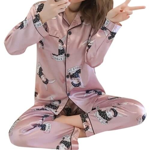2021 Spring Silk Satin Pajamas Set Woman Printed Long Sleeve Sleepwear Pijamas Suit Female Sleep Two Piece Loungewear Plus Size