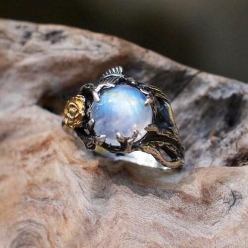 Vintage Moonstone Ring For Women Black Jewelry Gold Flower Finger Ring Female Charming Jewelry Gift Wedding Statement Ring