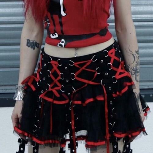 New Summer Women Vintage Gothic Sexy Bandage Skirt Fashion High Waist Cool Girl Punk Mini Red Skirt
