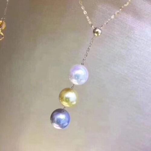Pearl Necklace 3pcs 8-9mm Akoya Ocean White-Golden-Grey Round Pearls Necklace Solid 18K Gold Chain Fine Jewelry For Women
