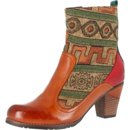 Vintage Splicing Printed Ankle Boots For Woman Genuine Leather Block 6-8CM Thick High heel Women Boots printing Women Shoes