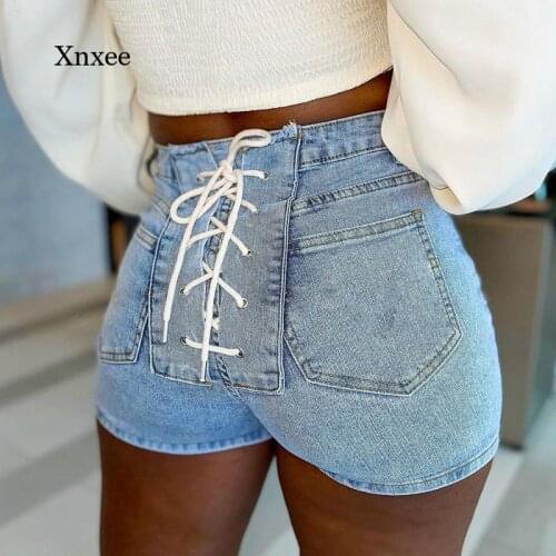 Denim Shorts Lace Up Casaul Women Jeans Pants Bandage Ripped Pale Blue Skinny Streetwear Jeans Pants for Women Outfit Bottoms