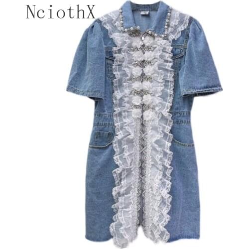 Summer Blue Denim Dress Womens Fashion Beaded Flower Zipper Slimming Dress Female Short Sleeves Casual Vintage Dress 2021New