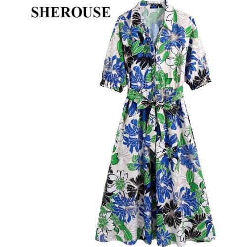 DUOPERI Fashion Women Floral Printed Shirt Dress with Belt Vintage Single Breasted Half Puff Sleeves Woman Midi Dresses Robe