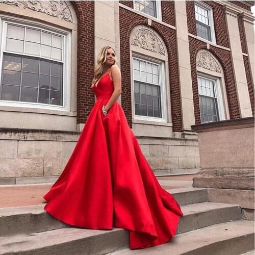 Long A-line Prom Dresses With Pocket Diamond Red Formal Party Dresses Sweep Train Vestido De Fiesta For Women Prom Party 2019