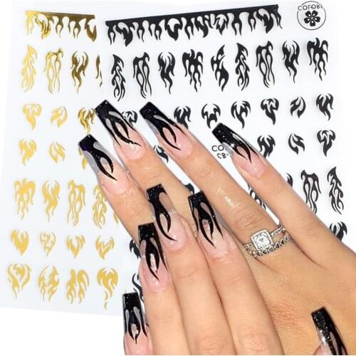 3D Holographic Fire Flame Nail Stickers Slider Gold Black Summer Manicure Decals DIY Nail Art Decorations Decor Tool GLCB205