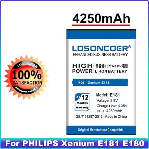 4250mAh LOSONCOER 100% New High Quality Smart Phone Rechargeable Battery For PHILIPS Xenium E181 E180 CTE181 CTE180 AB3100AWMC