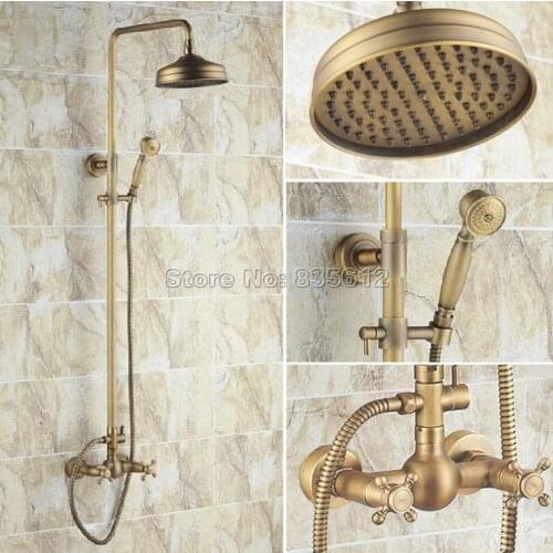 Antique Brass Bathroom Rain Shower Faucet Set with Handheld Shower + 8" Shower Head & Dual Handles Mixer taps Wall Mount Wrs034
