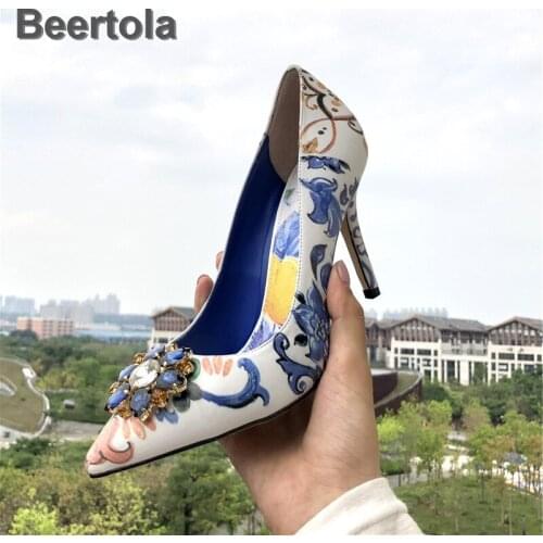 White Wedding Shoes Woman Rhinestone Crystal Flower Print Italian Shoes And Bags Set Pointed Toe High Heel Pumps Spring Autumn