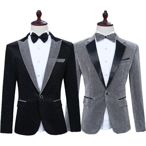 MenS Black Gray Bright Silk Show Suit Blazer Singer Stage Clothing MenS Business Wedding Party Outwear Coat Suit Jacket SL1682